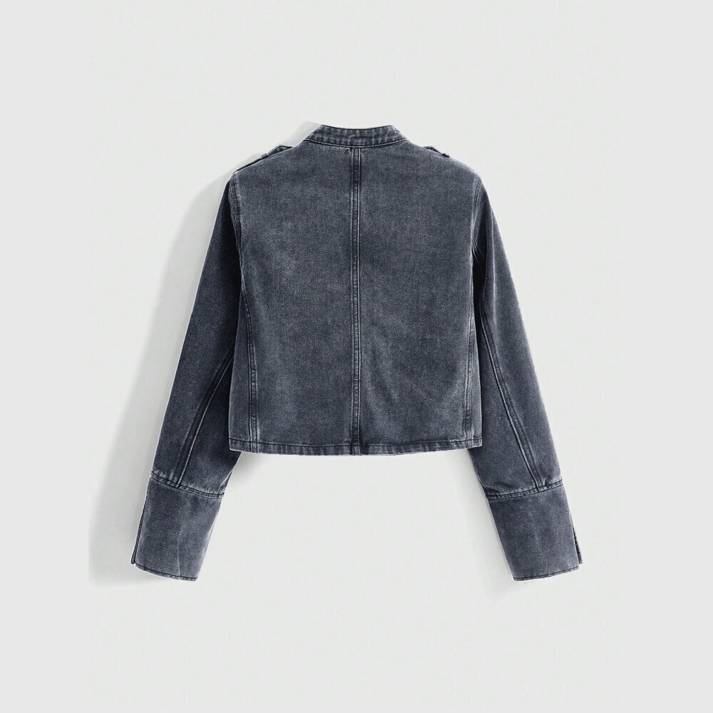 Gray Denim Military Band Jacket with Silver Button Trim - Picture 5 of 7